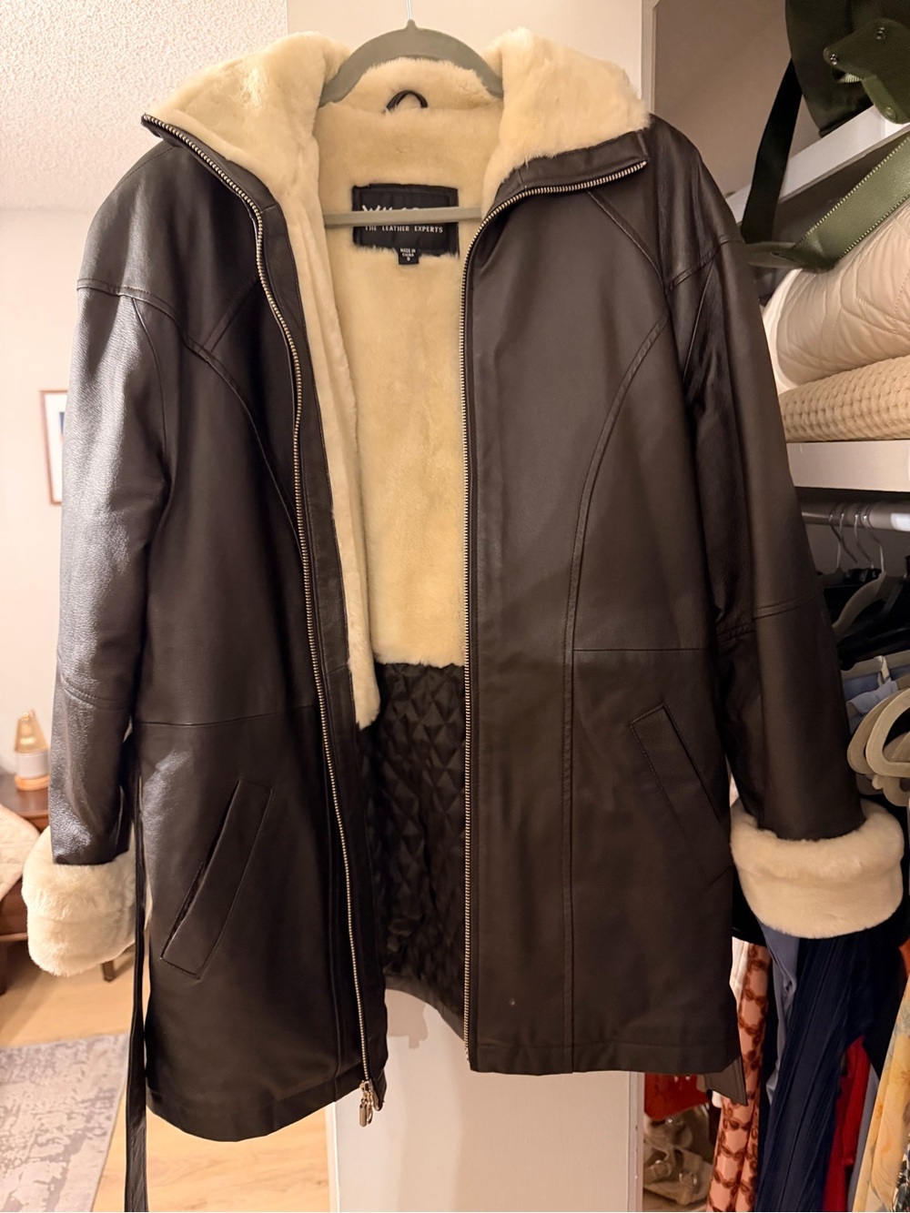Wilsons Leather Dark Brown Leather Shearling Coat with Cream Lining